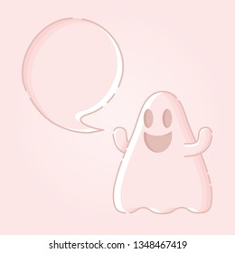 Cute Halloween postcard with a happy ghost and speech bubble. Pink background. Flat linear style illustration. Vector.