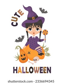 Cute Halloween Postcard. Witch girl with braids in hat with lollipop, pumpkin jack o lantern, skull and bats. Vector illustration in cartoon style. holiday fantasy female character, kids collection