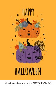 cute halloween poster with pumpkins and spider
