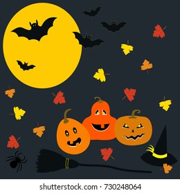 Cute halloween poster with pumpkins, spiders, bats, broom and autumn leafs.