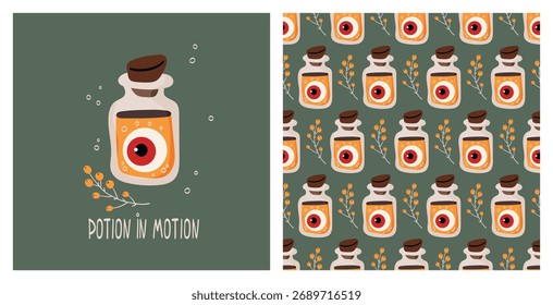 Cute Halloween potion bottle with eyeball and seamless pattern. Perfect for Halloween invitations, wrapping paper, party decor, greeting cards, stickers, textile print  and digital designs