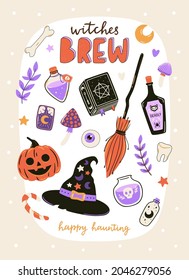 Cute Halloween print with cartoon elements and lettering. Witches brew. Hand drawn illustration for holiday decorations, poster design. Vector Halloween symbols: broom, tarot, poison, pumpkin. 