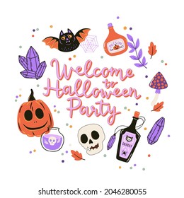 Cute Halloween print with cartoon elements and lettering. Welcome to Halloween party. Hand drawn illustration for holiday decorations, poster design. Vector flat symbols and typography.