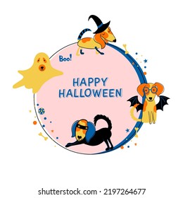 Cute Halloween print with dogs, great design for pet pawty. Cartoon flat composition with funny hand drawn characters. Vector illustration design for posters, textiles, invitation cards.
