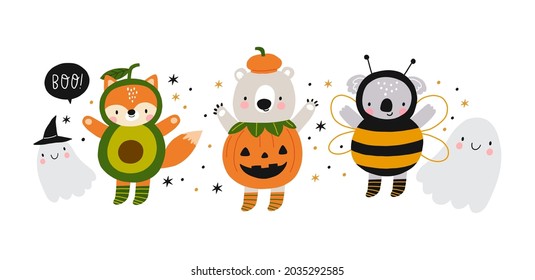 Cute Halloween print for kids. Vector illustrations awesome animals - bear, koala, fox in halloween costumes. 