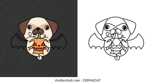 Cute Halloween Pug Dog Clipart Illustration and Black and White. Funny Clip Art Halloween Puppy. Cute Vector Illustration of a Kawaii Halloween Animal Character in a Vampire Costume.

