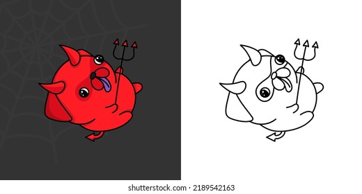 Cute Halloween Pug Dog Clipart for Coloring Page and Illustration. Happy Clip Art Halloween Puppy. Cute Vector Illustration of a Kawaii Halloween Animal Character in Devil Costume.
