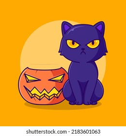 cute halloween pumpkin and angry black cat cartoon icon illustration