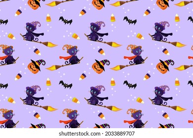 Cute Halloween pumpkin with black cat seamless pattern.