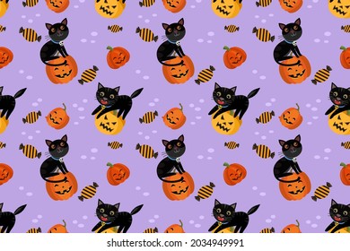 Cute Halloween pumpkin with black cat seamless pattern.