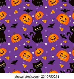 Cute Halloween pumpkin and black cat on purple color seamless pattern.