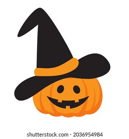 Cute Halloween pumpkin with black witch hat. Jack-o-lantern symbol. Funny vector illustration in cartoon flat style. Print for cards, invitation, clothes, seasonal design and decor