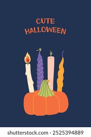 Cute Halloween pumpkin with candles illustration card for media design. Spooky modern hand drawn vector objects. Trendy flat art vector greeting card poster post template
