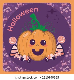 Cute Halloween pumpkin card with candies in orange and purple 