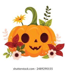 Cute halloween pumpkin in cartoon style with flowers.