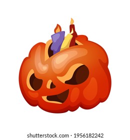 Cute Halloween pumpkin character with angry face, vector illustration in cartoon style. Halloween character jack-o-lantern for greeting card, board game, party invitation. Creepy pumpkin carved face