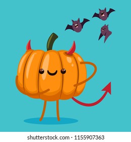Cute Halloween pumpkin character in a devil costume and bats. Vector cartoon illustration isolated on background.