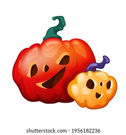 Cute Halloween pumpkin character kid and parent vector illustration in cartoon style. Halloween character jack-o-lantern for greeting card, board game, party invitation. Creepy pumpkin carved face