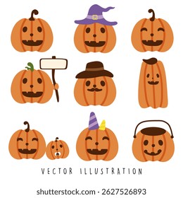 cute halloween pumpkin character set with funny faces on white background