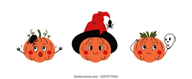 Cute Halloween Pumpkin characters vector set. Collection of cute pumpkins illustrations with spider, witch hat and skull for celebration design, print, greeting card, kids