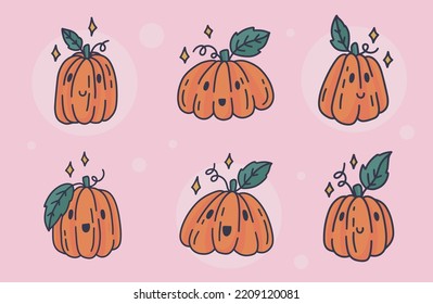 Cute colección de calabazas de Halloween. Ilustraciones dibujadas a mano por vectores. Conjunto de caracteres divertidos
