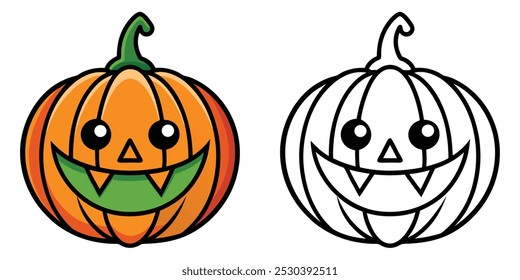 Linda calabaza de Halloween. Página Para Colorear De Calabaza Para Niños. Libro para colorear de Halloween imprimible. Diseño De Vector De Ilustración De Dibujos Animados De Calabaza Sobre Fondo Blanco