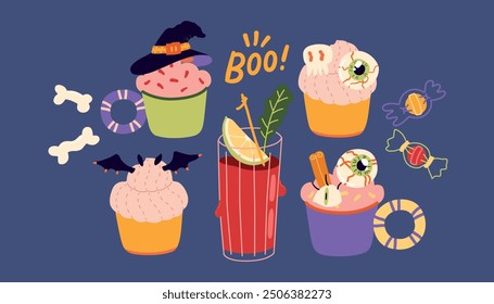 Cute Halloween pumpkin, decoration and drinks illustration set for media design. Spooky modern vector objects and doodles Trendy flat art vector set