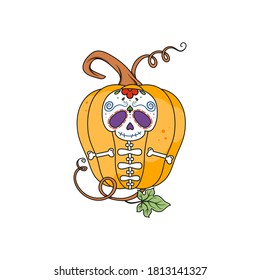 Cute Halloween Pumpkin Dia de los Muertos isolated on white background. Colorful whimsical hand drawn vector character for invitations, party decor, greeting card, sticker, poster, advertising, web.