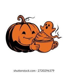 Linda calabaza de halloween bebiendo café con un pequeño fantasma. Divertido jack o linterna sosteniendo la taza de café con leche Ilustración vectorial
