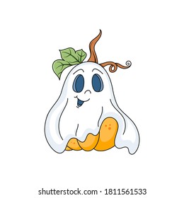 Cute Halloween Pumpkin friendly Ghost isolated on white background. Colorful whimsical hand drawn vector character for invitations, party decor, greeting card, sticker, poster, advertising, web.