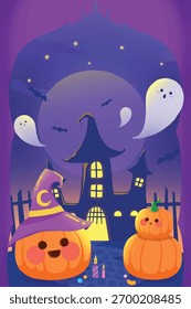 Cute Halloween pumpkin ghost character drawn poster
