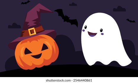 Cute Halloween Pumpkin and Ghost Illustration
