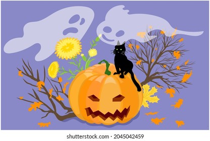 Cute halloween pumpkin. Ghosts scaring a black cat