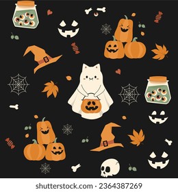 Cute Halloween pumpkin ghosts, Seamless pattern on Black background, for children's clothing and fabric, holiday packaging