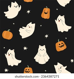 Cute Halloween pumpkin ghosts, Seamless pattern on Black background, for children's clothing and fabric, holiday packaging