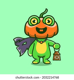 cute halloween pumpkin head frog illustration carrying a lantern