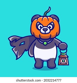cute halloween pumpkin head panda illustration carrying a lantern