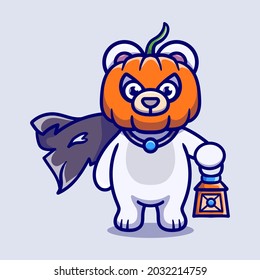 cute halloween pumpkin head polar bear illustration carrying a lantern