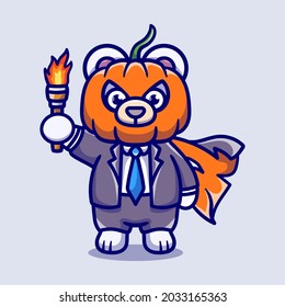 cute halloween pumpkin head polar bear illustration carrying a torch