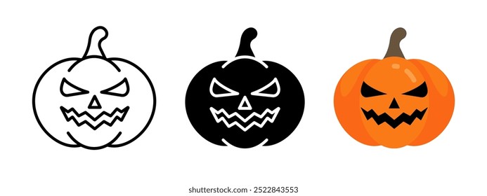 Lindo icono de calabaza de Halloween. Calabaza con Ilustración vectorial de cara aterradora. Símbolo de Jack Lantern. Espeluznante decoración de calabaza naranja. Divertido pictograma de Halloween de dibujos animados aislado.