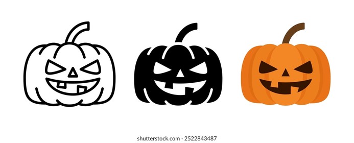 Lindo icono de calabaza de Halloween. Ilustración vectorial de calabaza sonriente. Divertida calabaza con el símbolo de la cara de miedo. Decoración de Halloween naranja espeluznante aislada.