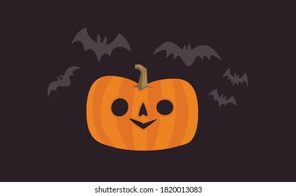 Cute halloween pumpkin illustration with flying bats. Spooky season funny design.
