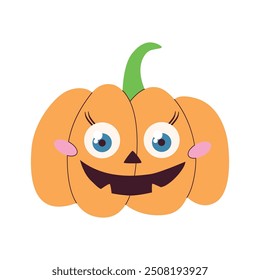 Linda ilustración de calabaza de Halloween con una cara sonriente, ojos azules y un tallo verde. Ideal para decoraciones festivas, invitaciones y diseños temáticos de vacaciones.