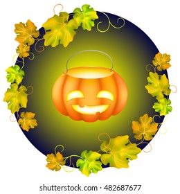 cute halloween pumpkin jack o lantern and leaves on dark background. holiday card
