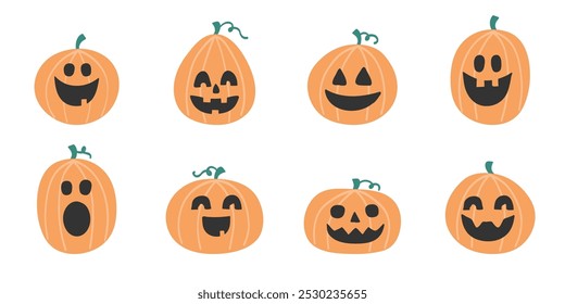Cute Halloween pumpkin lanterns. Hand drawn characters collection. Vector illustration