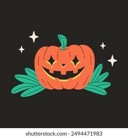 Cute Halloween pumpkin with leaves. Happy Halloween. Vector illustration in flat style