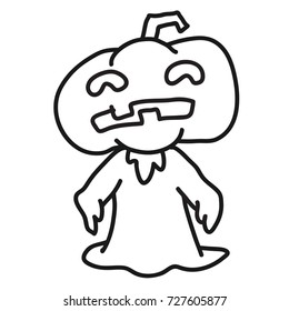 Cute Halloween pumpkin monster cartoon isolated on white background. Black and White simple line Vector Illustration for Coloring Book - Linear Vector