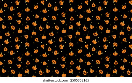 Cute Halloween pumpkin pattern horizontal background. Vector Halloween print with orange smiling spooky pumpkins and stars on black. Happy Halloween print wrapping, cover, decor, wallpaper.