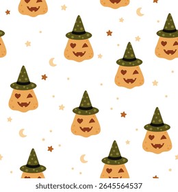 Cute Halloween pumpkin seamless pattern. Spooky Halloween hand drawn vector pattern in flat style	