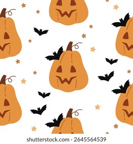Cute Halloween pumpkin seamless pattern. Spooky Halloween hand drawn vector pattern in flat style	